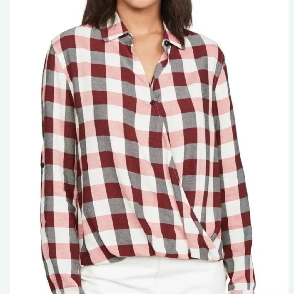 Rag & Bone Camille Surplus Red Gray Ivory Plaid High-Low Blouse
G16
